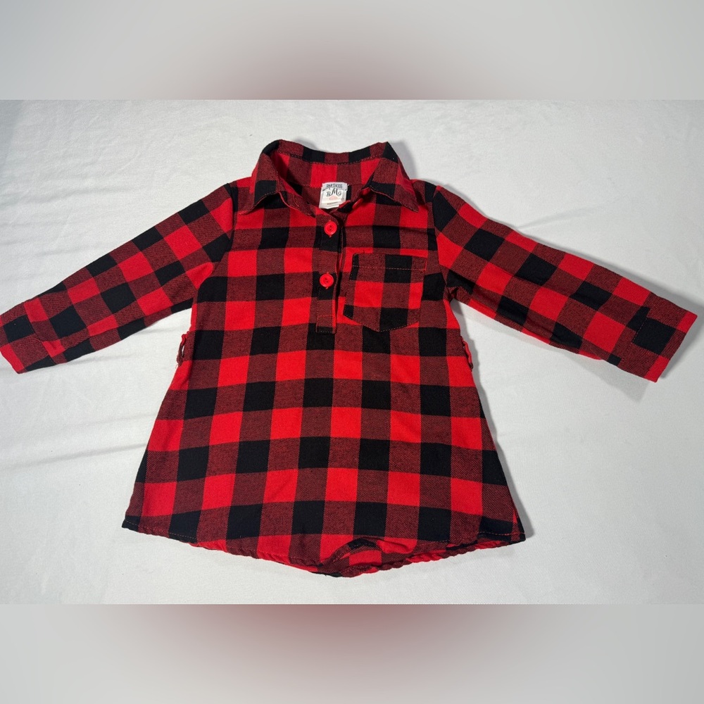 Girls Red Black Plaid Top Long Sleeve Shirt Dress BMG Sz XS 2/3T